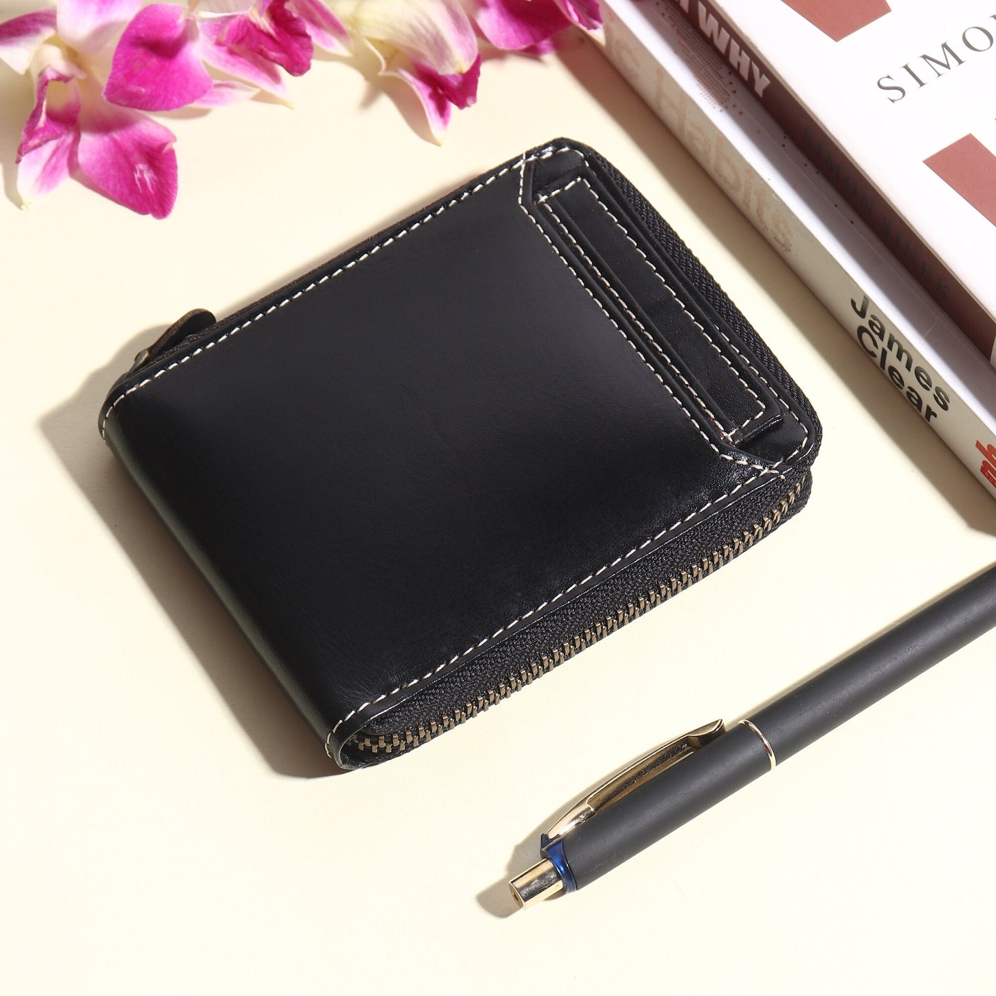 Personalised Black Round zipper Wallet for Men | Christmas Gift for Dad, Groomsmen Gift , Birthday Gift For Husband | Gift Boxed & Gift Bag