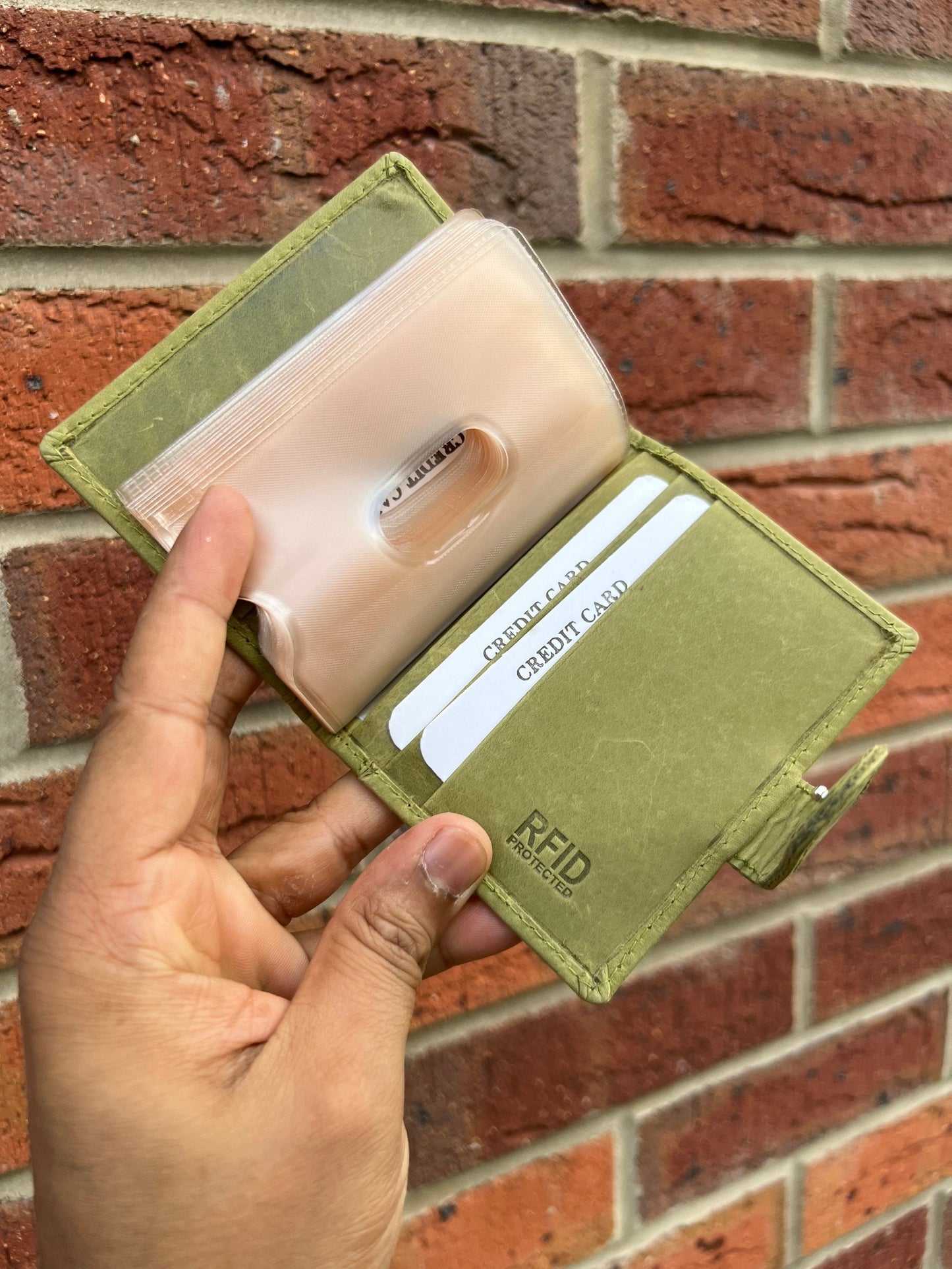 Personalised Green Leather RFID Credit Card Holder Takes upto 18 Cards, Embose Initials/Name, Perfect For Gift