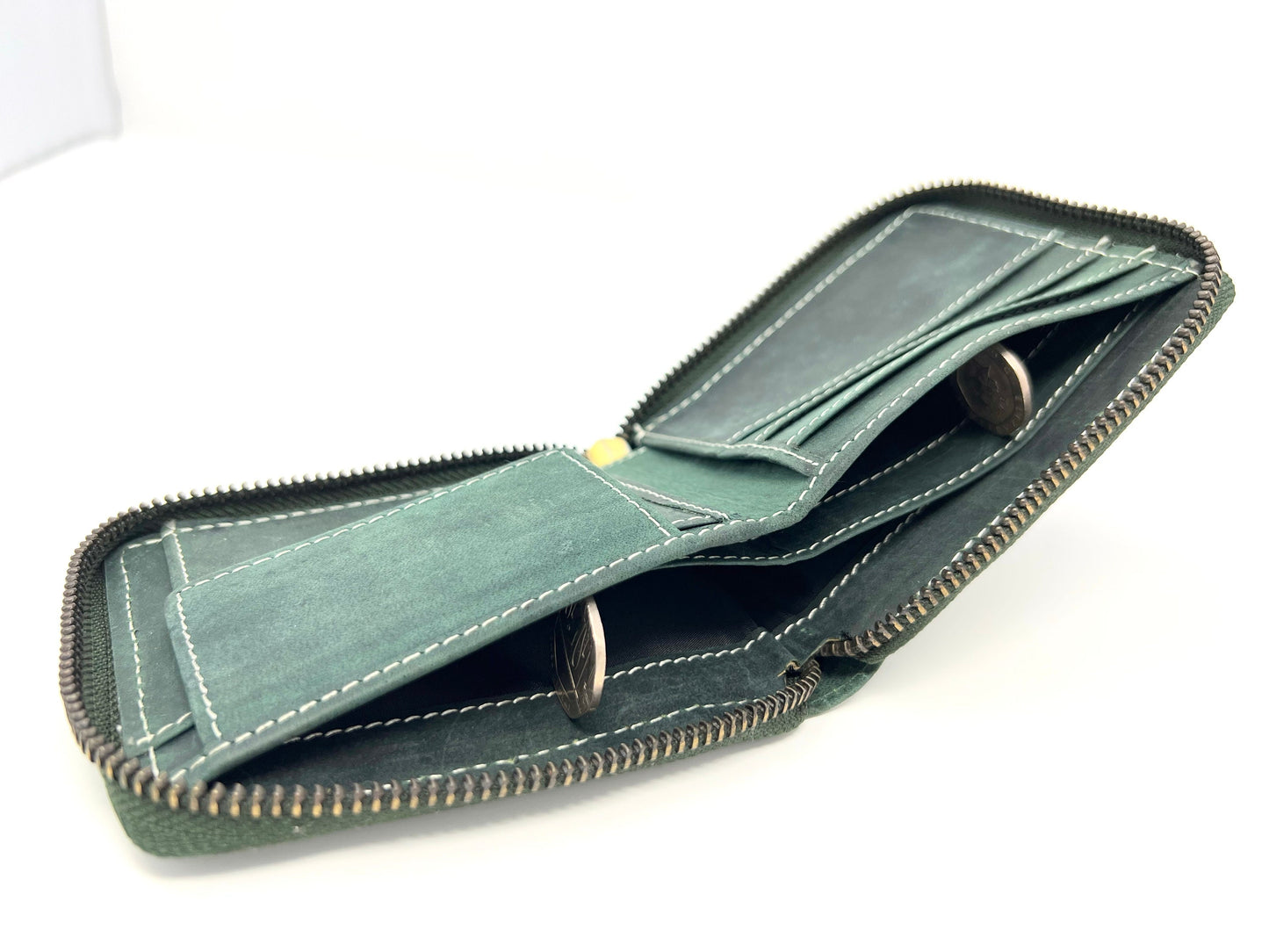 Personalised Handmade Real Leather Wallet For Me'n and Women | Hunter Green Leather Round Zipper | Birthday, Fathers Day, Anniversary Gift