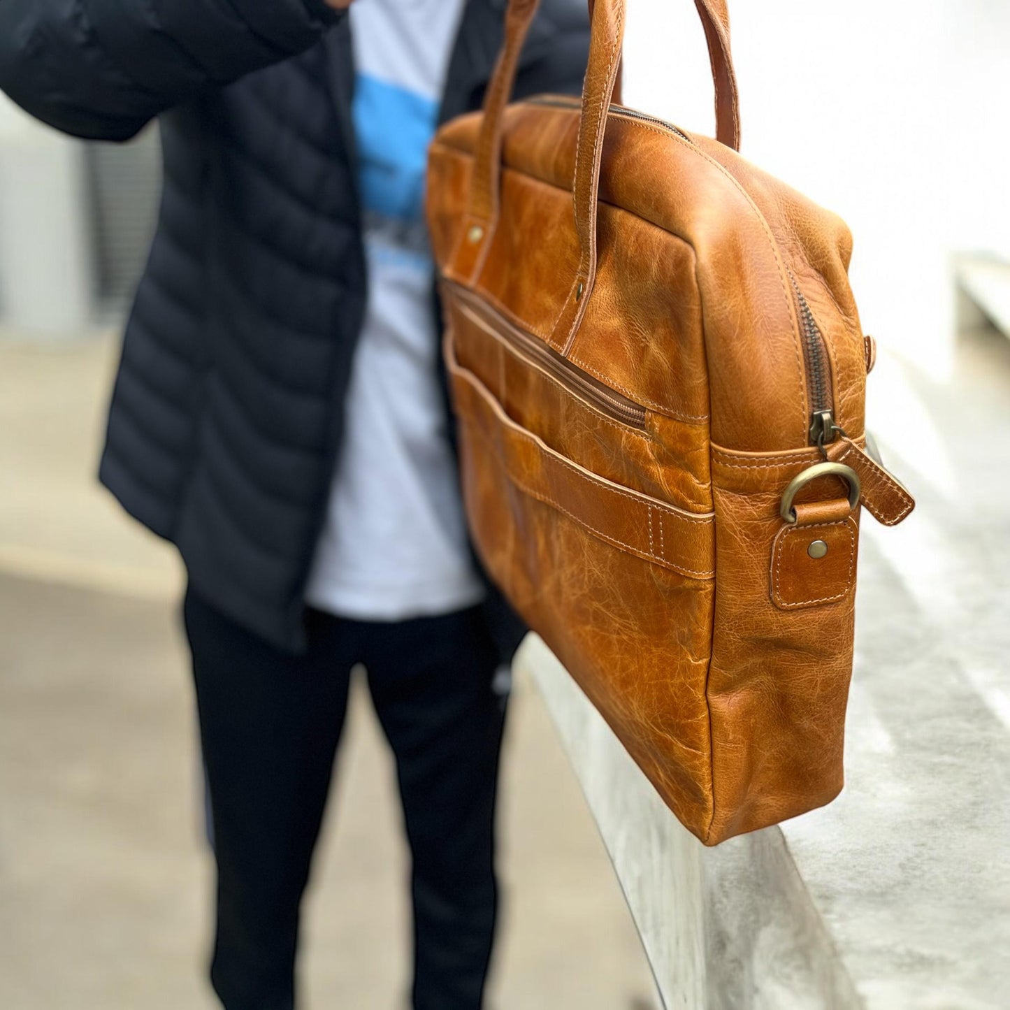 Personalised Leather Laptop Bag | 15" Vintage Briefcase with Strap