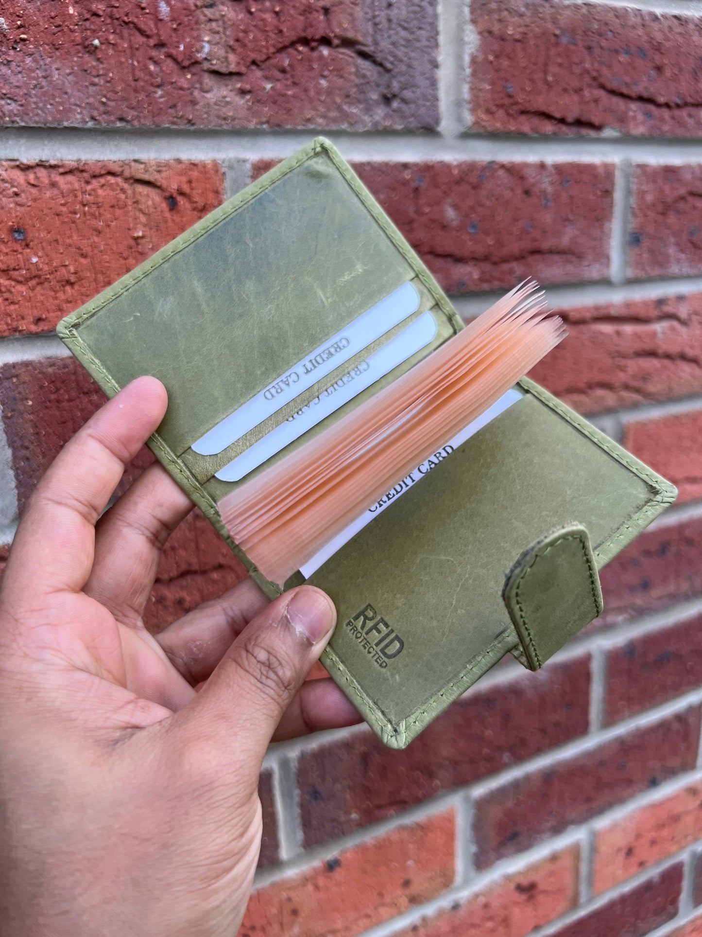 Personalised Green Leather RFID Credit Card Holder Takes upto 18 Cards, Embose Initials/Name, Perfect For Gift