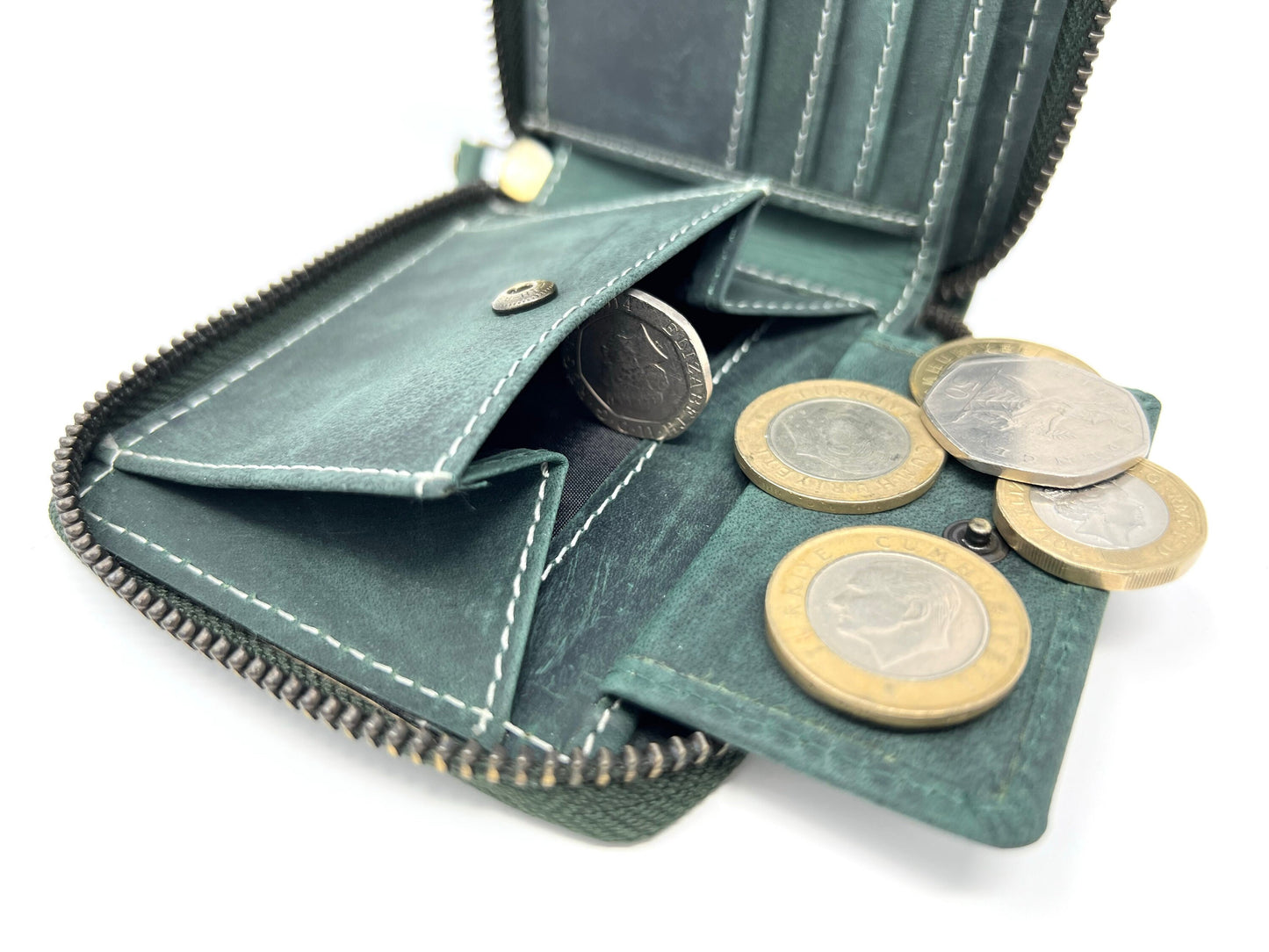 Personalised Handmade Real Leather Wallet For Me'n and Women | Hunter Green Leather Round Zipper | Birthday, Fathers Day, Anniversary Gift