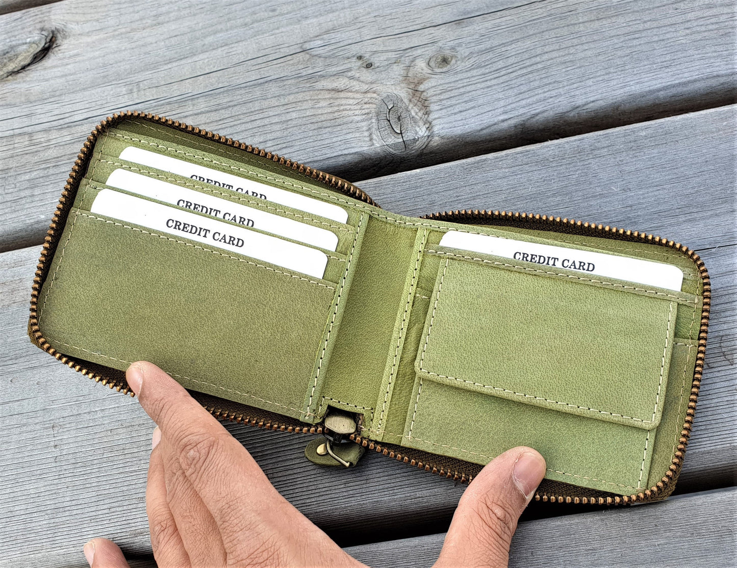 RFID Green Real Leather Mens Women Round Zipper Wallet, Girl's Men's Coin Pocket Wallet Purse Pure Leather Wallet | Handmade Gift Bag Packed