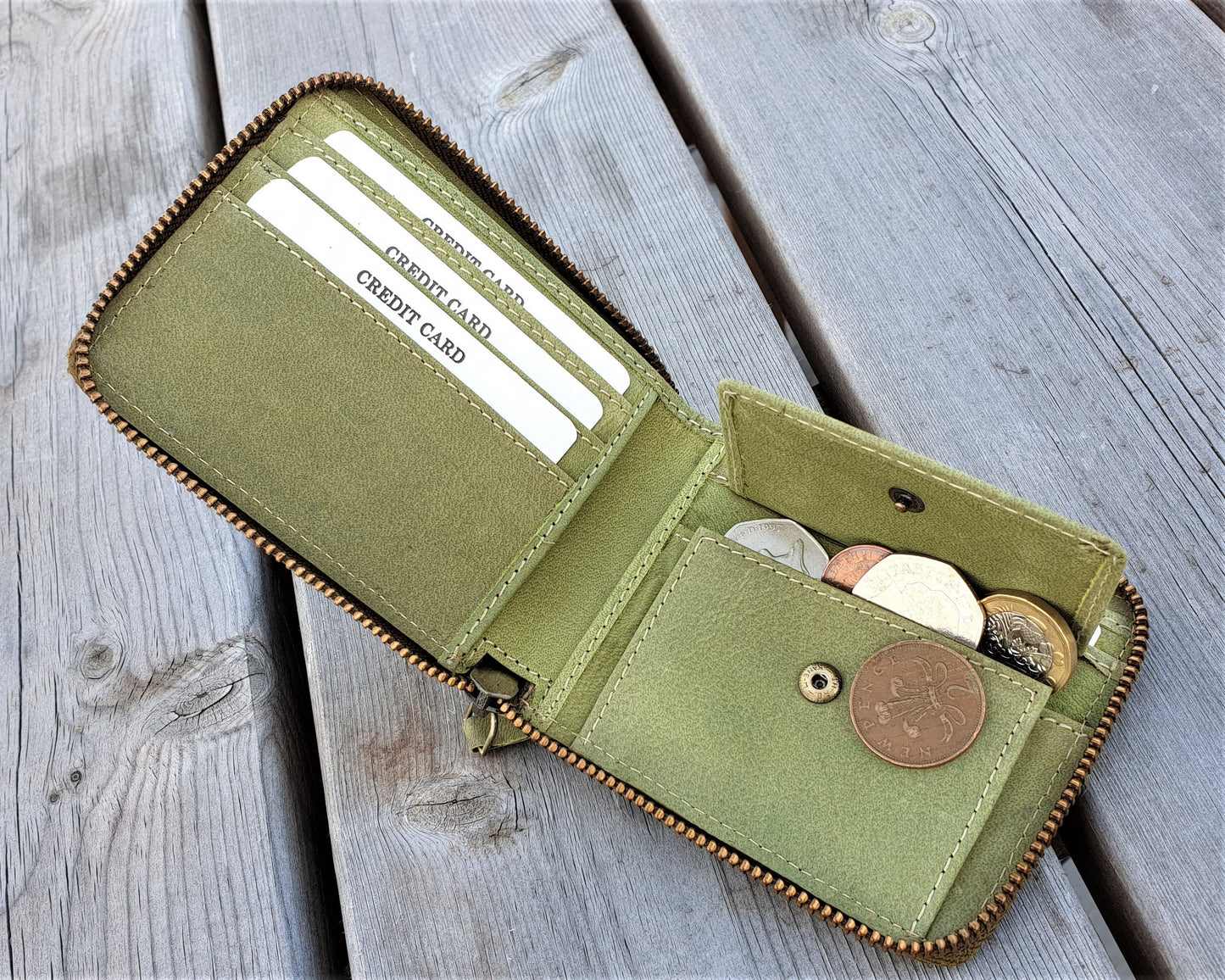 RFID Green Real Leather Mens Women Round Zipper Wallet, Girl's Men's Coin Pocket Wallet Purse Pure Leather Wallet | Handmade Gift Bag Packed