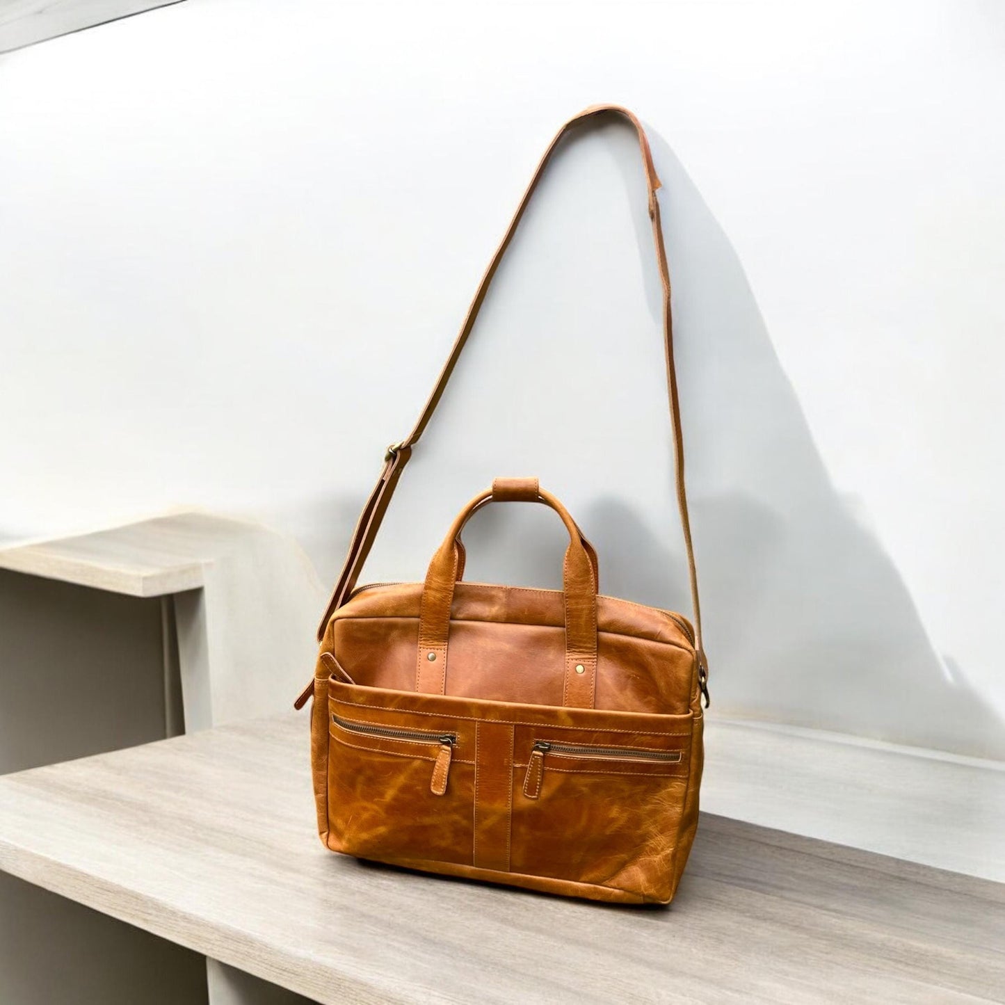 Personalised Leather Laptop Bag | 15" Vintage Briefcase with Strap