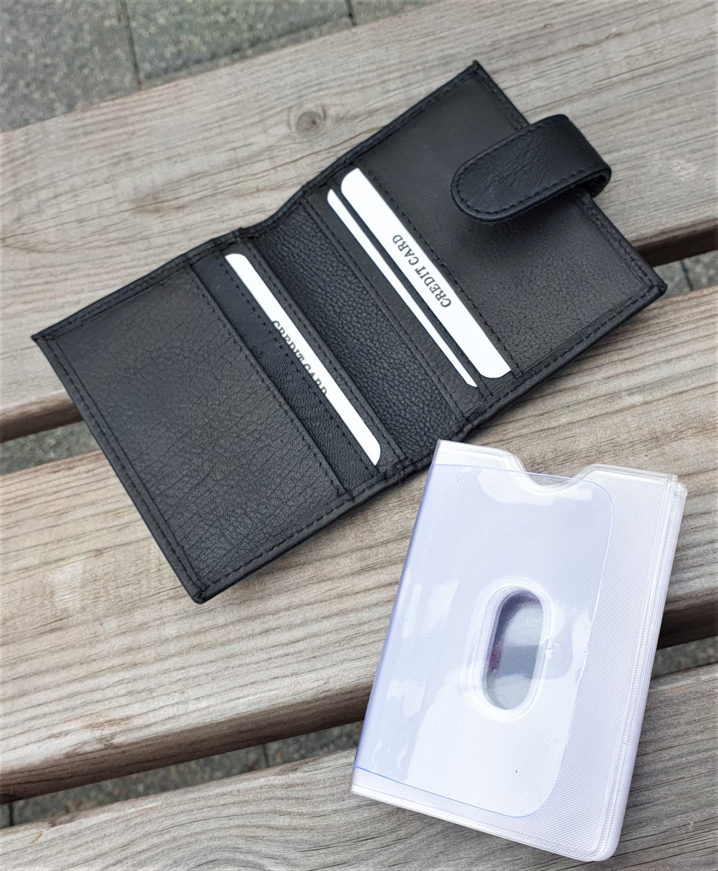 Personalised Men Girls Black 100% Real Leather Credit Card Wallet, Soft Leather Card Holder, RFID Safe Super Strong Removable Sleeve Wallet