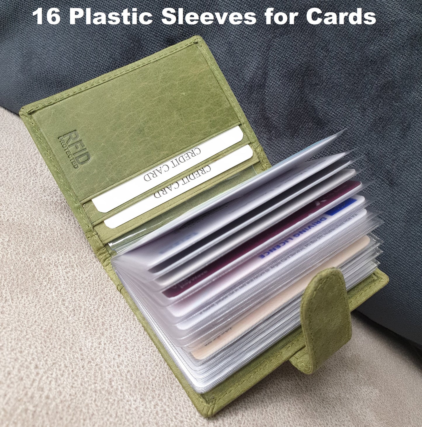 Personalised Green Leather RFID Credit Card Holder Takes upto 18 Cards, Embose Initials/Name, Perfect For Gift