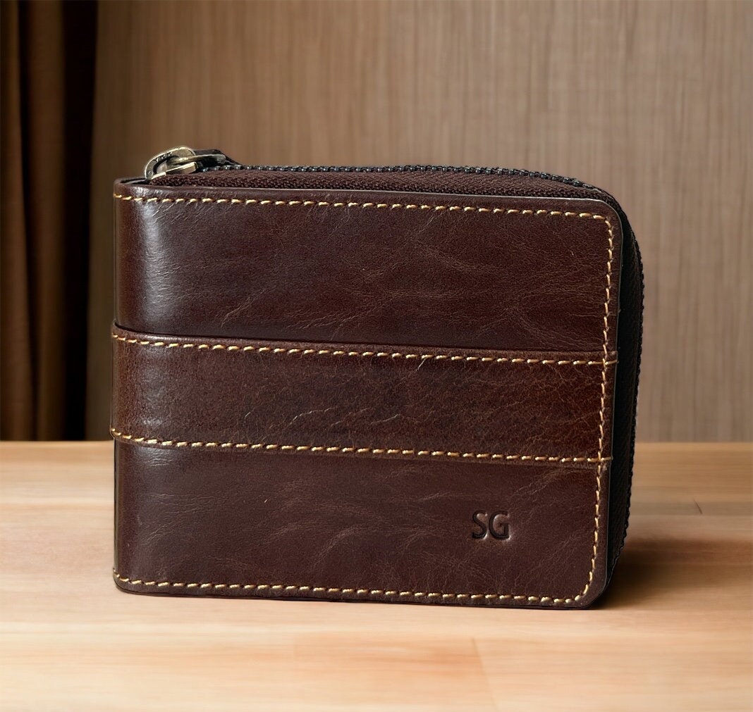 Personalised Men's Wallet | RFID Safe Real Leather Round Zipper Wallet | Unisex Anniversary, Christmas, Birthday Gift, Unique Design Wallet