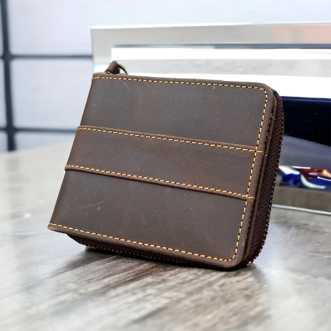 Personalised Men's Wallet | RFID Safe Real Leather Round Zipper Wallet | Unisex Anniversary, Christmas, Birthday Gift, Unique Design Wallet