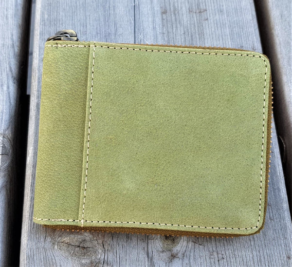 RFID Green Real Leather Mens Women Round Zipper Wallet, Girl's Men's Coin Pocket Wallet Purse Pure Leather Wallet | Handmade Gift Bag Packed