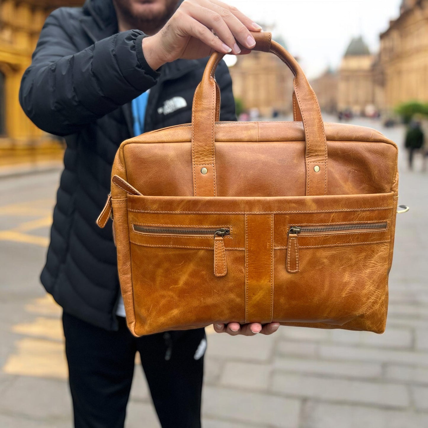 Personalised Leather Laptop Bag | 15" Vintage Briefcase with Strap